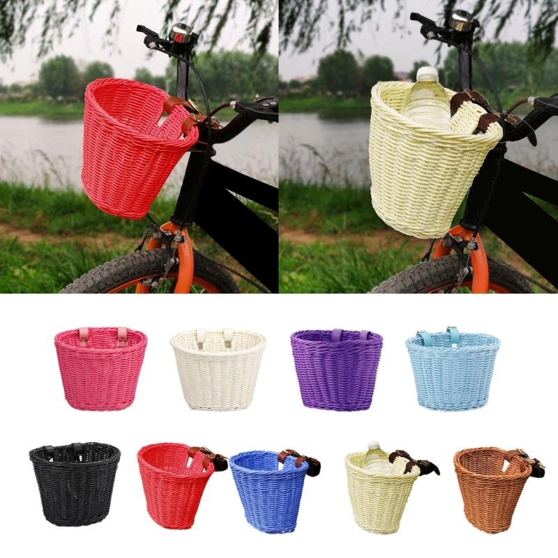 Dětský Ručně Tkaný Cyklistický Koš na Řídítka Kolo Nákladní Koš Pro Dívku s Koženými Pásky, Odnímatelný