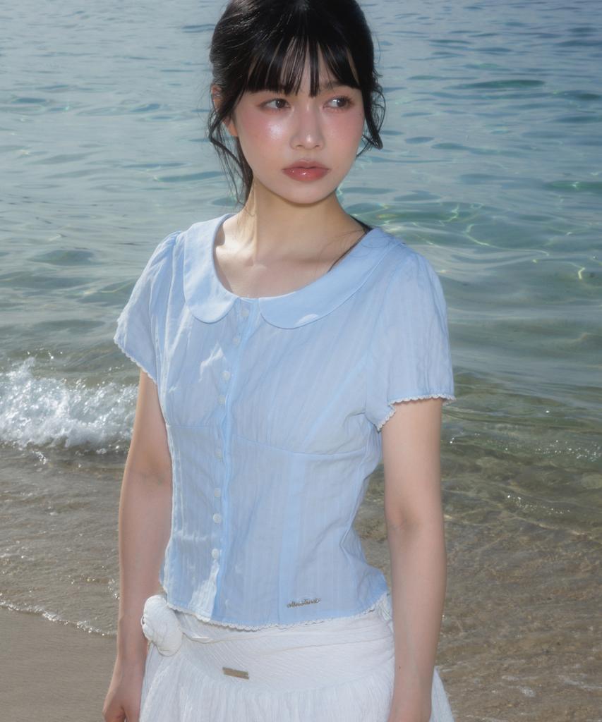 ROSEFRANTZ Round Collar Short Sleeve Blouse [Sky Blue]