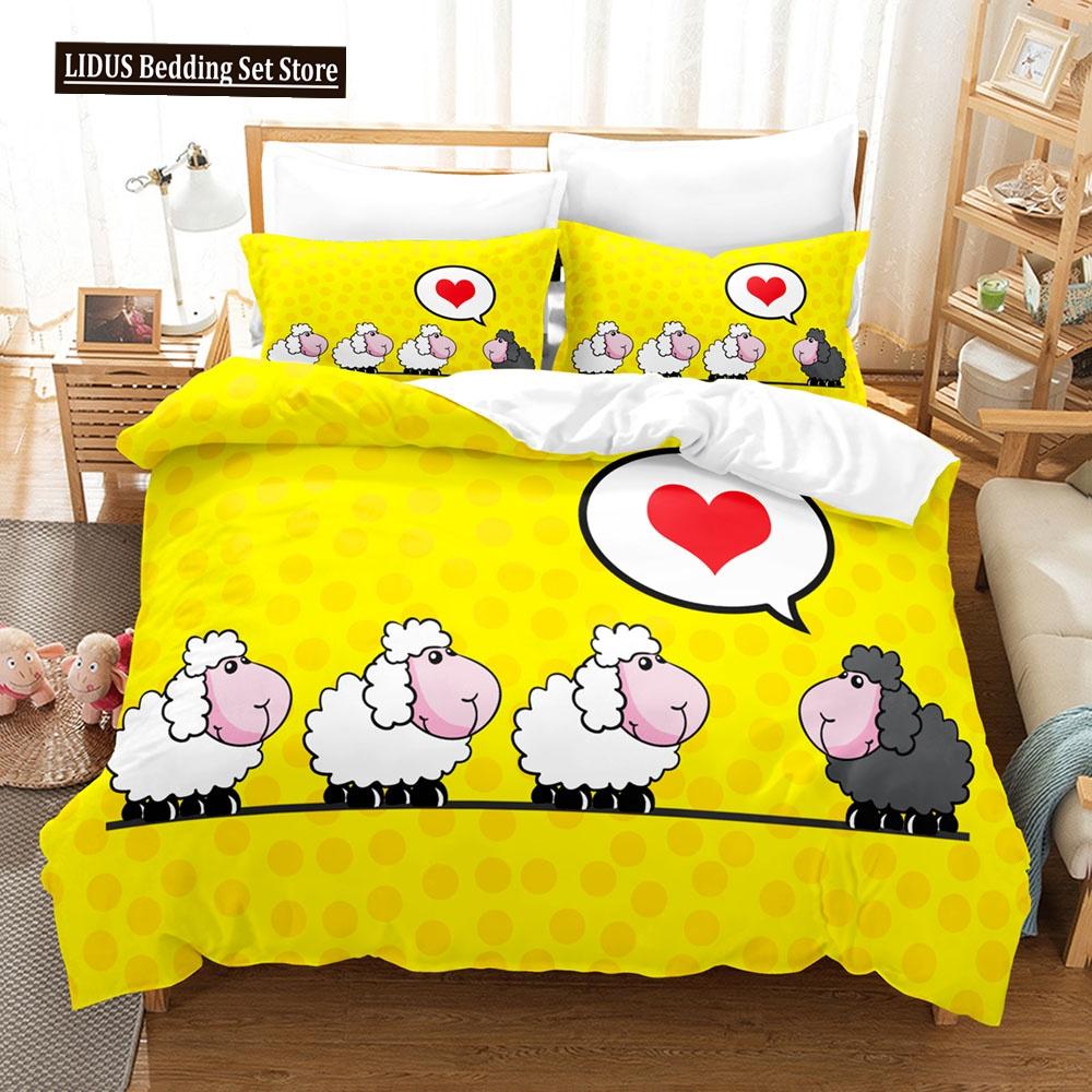 Cartoon Goat Duvet Cover Set Cute Kawaii White Goat White Background King Queen Size For Girls Boys Gift Polyester Bedding Set