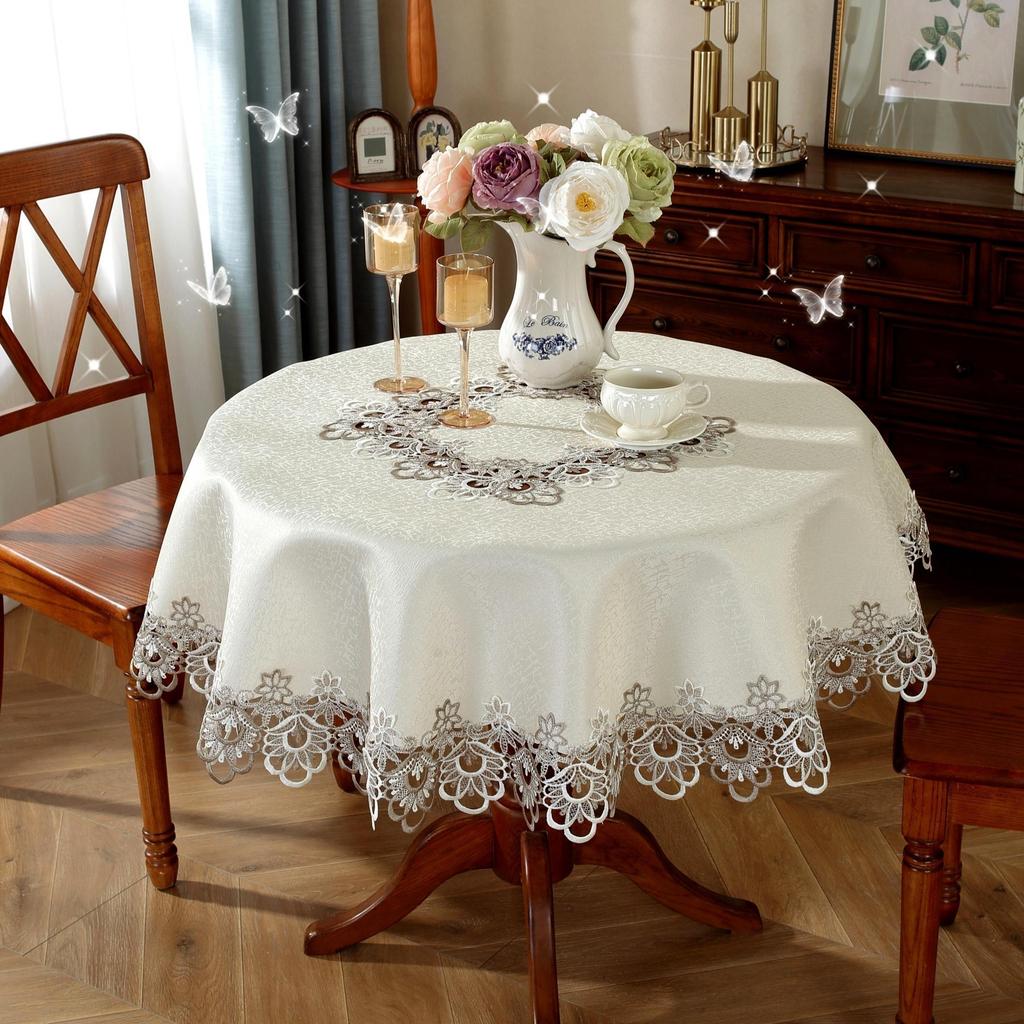 A Beautifully Embroidered Polyester Round Tablecloth with a Two-tone Lace Border - Machine Woven, 100% Polyester for Dining Room, Kitchen and Event