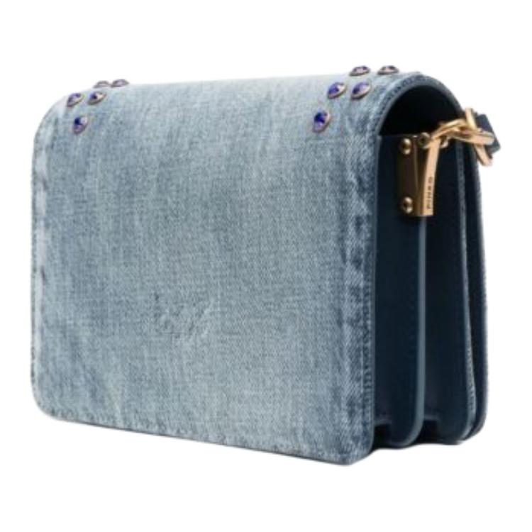 New PINKO Cotton With Cow Leather Bird Bag, Swallow Bag, Crossbody Bag, Shoulder Bag Women's Denim Blue 100067-A0NK-H5UQ