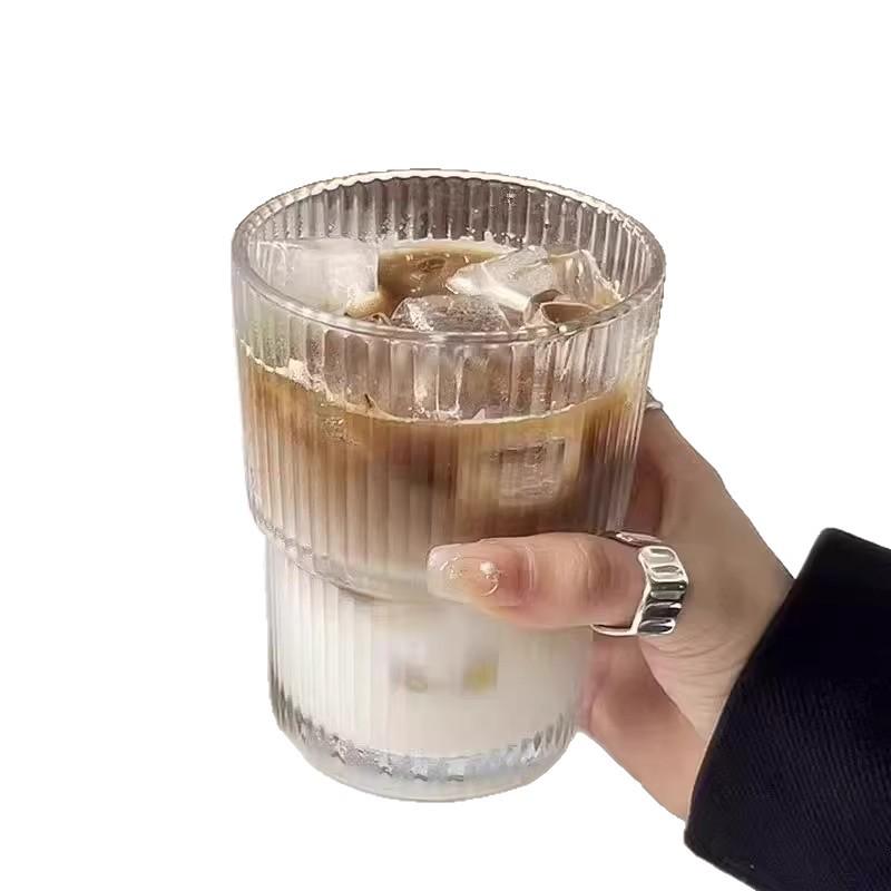 Vertical Stripe Glass Coffee Cup with Lid and Straw - Thickened and Transparent Design