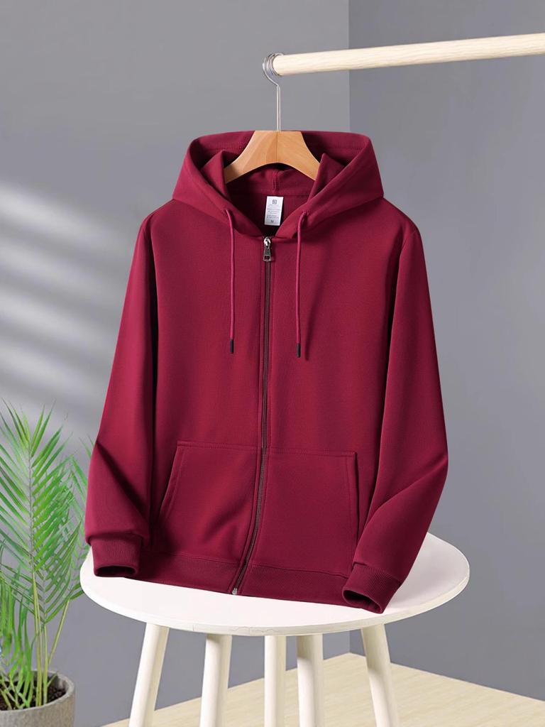 Unisex Heavyweight Cotton Zip-Up Hoodie Cardigan - Solid Color, Autumn/Winter Style.