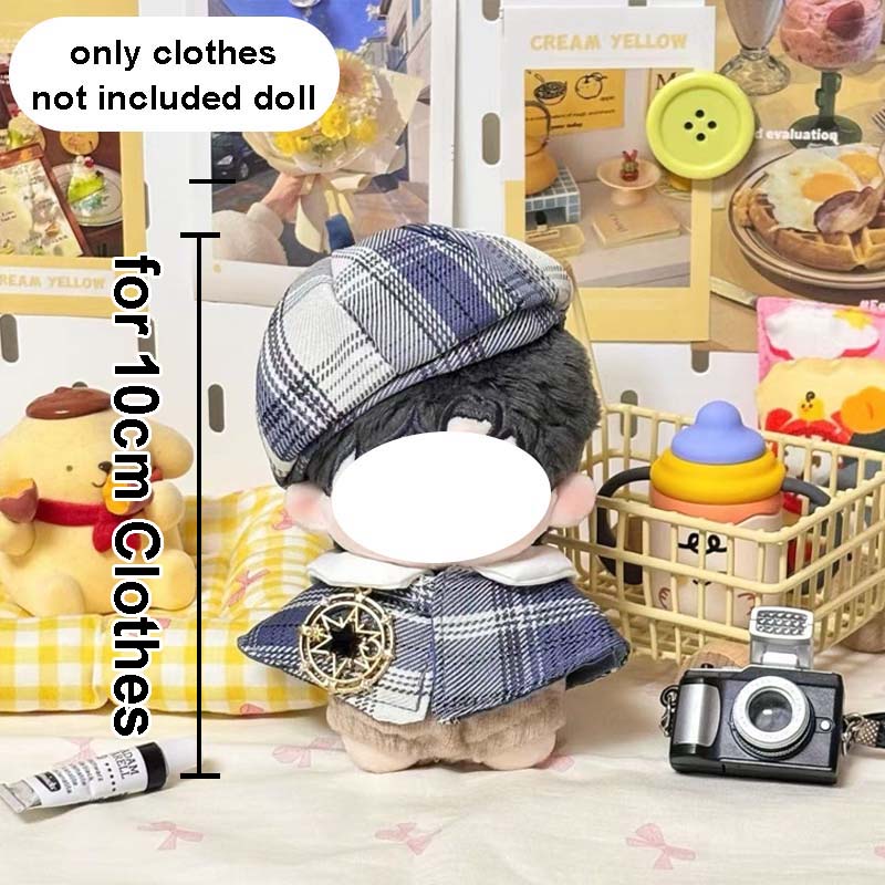 10Cm Cotton Dolls Preppy Style Doll Clothes Plaid Beret And Cloak Suit Cute Doll Accessories Girl Dress-Up Play  Accessories Toy