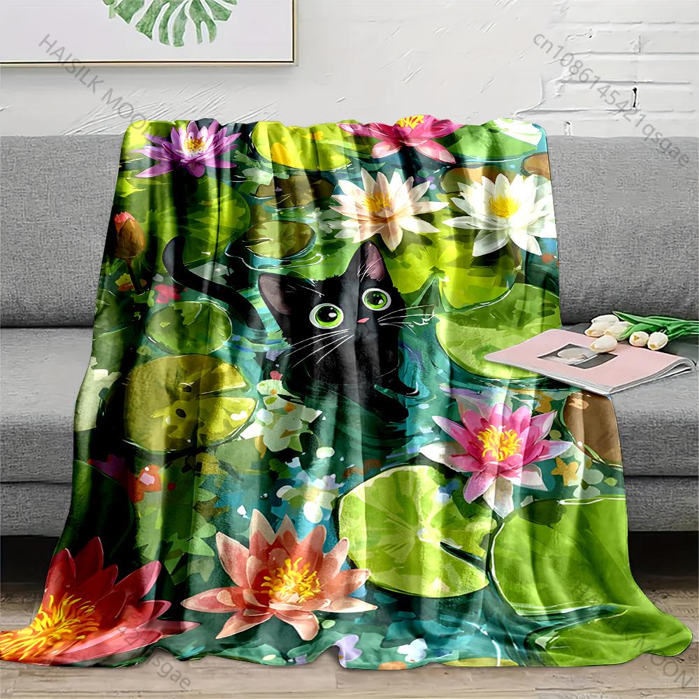 

Multiple sizes Black cat in lily pond Blanket Suitable for Home Bedroom Sofa Travel Camping Blanket Various Sizes for Gifts 75x100cm