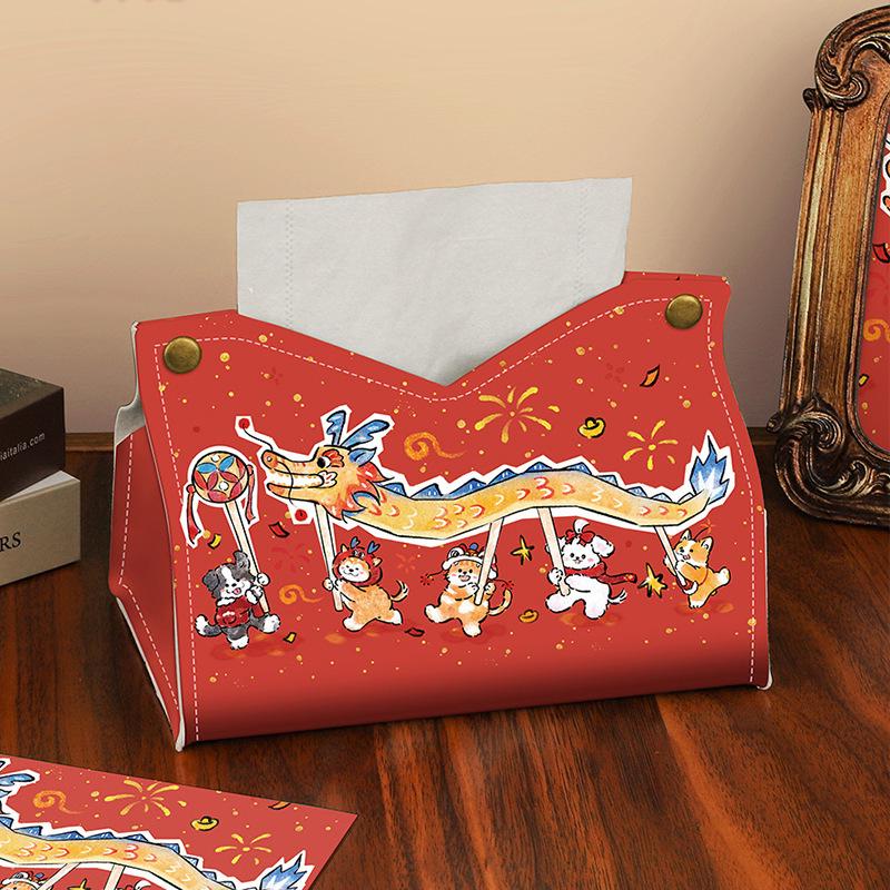 

Dancing Dragon Puppy Tissue Box: Leather Napkin Dispenser for Home, Car, or Bathroom - Year of the Dragon Edition
