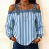 Women's Off Shoulder T-Shirt Long Sleeve Loose Fit Casual Vertical Stripe Tee Top