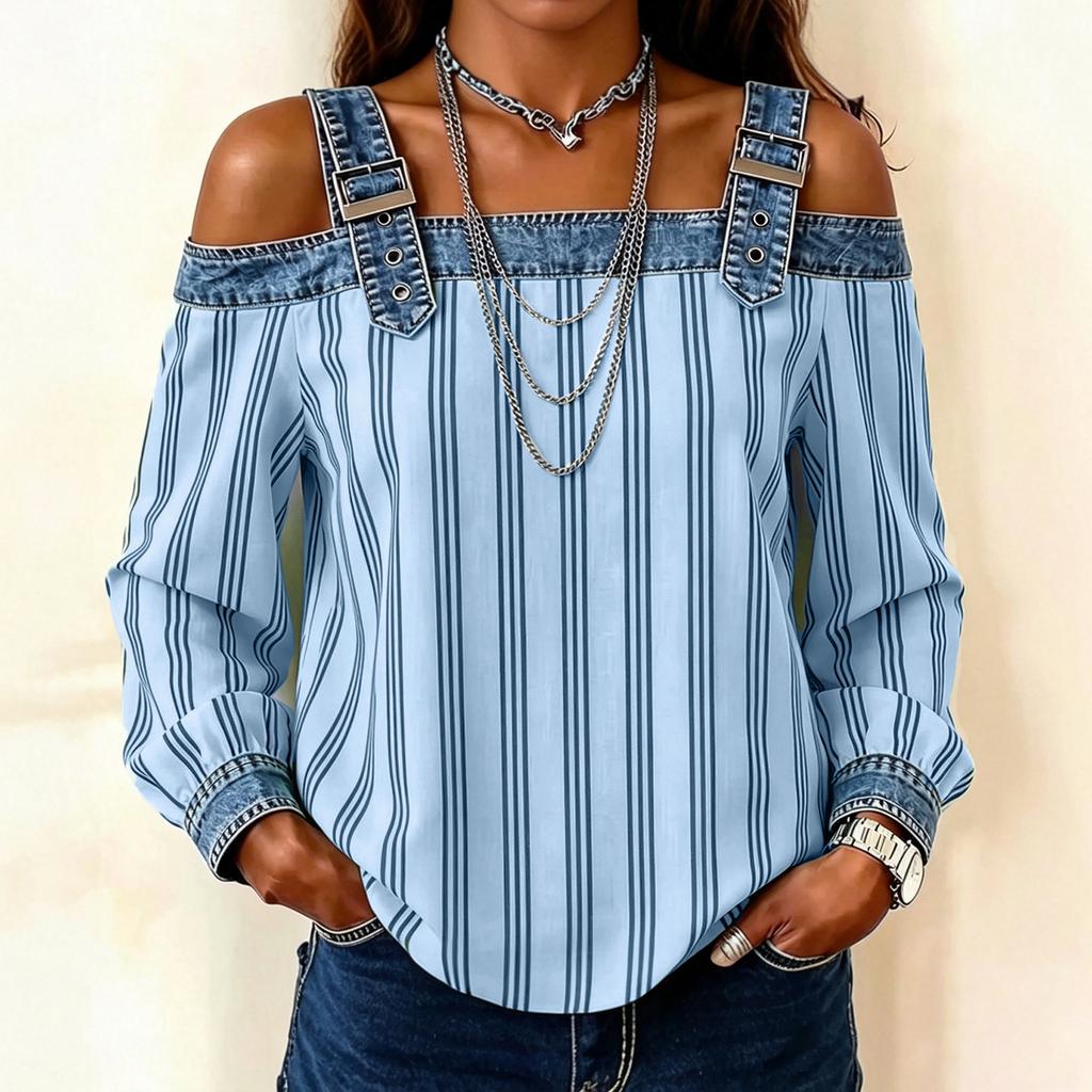 Women's Off Shoulder T-Shirt Long Sleeve Loose Fit Casual Vertical Stripe Tee Top