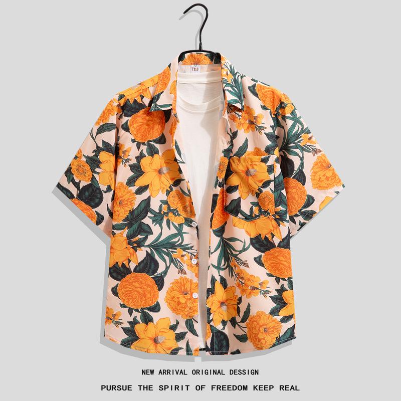 

2024 Unisex Hong Kong Retro Floral Short Sleeve Casual Shirt 3XL