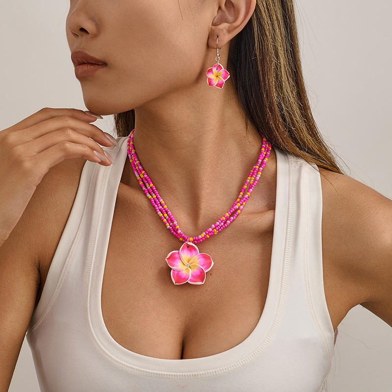 Elegant Colourful Flower Floral Set Earrings Necklace Sweet Braided Necklace Fashion Jewelry