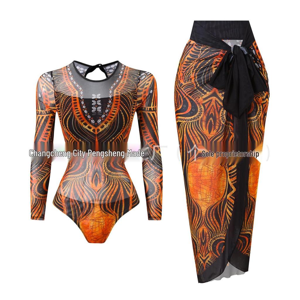 Women's Long Sleeve Mesh Sun Protection One-Piece Swimsuit with Skirt