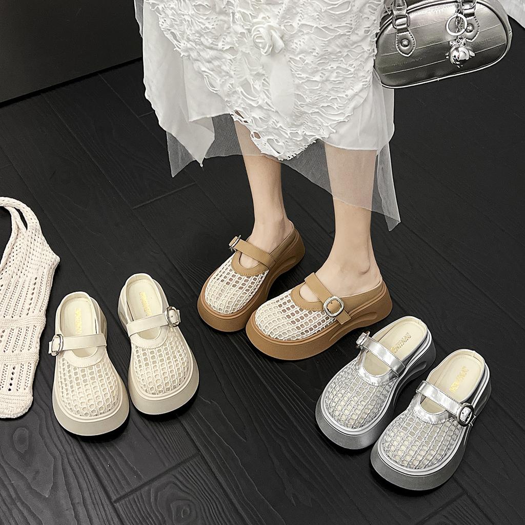 Mesh Mary Jane Slippers Women's 2025 Summer New Thick-soled One-word Buckle Hollow Mesh High Heel Sandals Fishnet Shoes