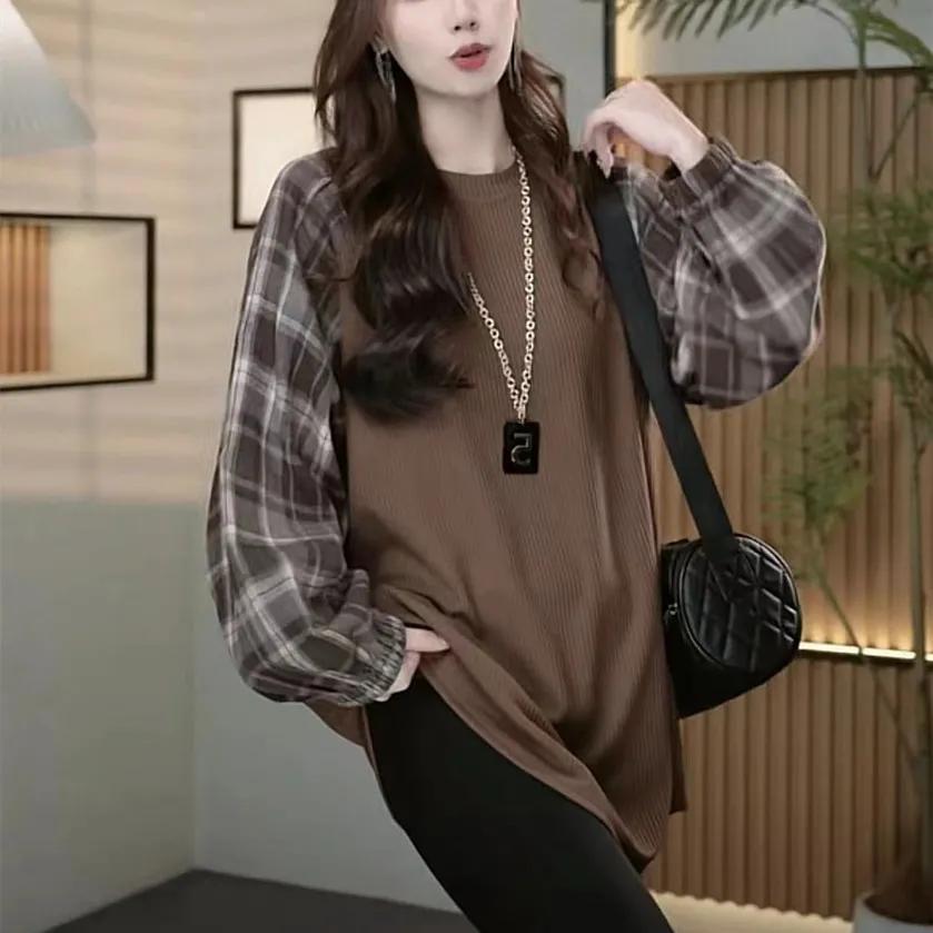 Plaid Sleeve Stitching Top Autumn Loose Round Neck Pullover Sweater