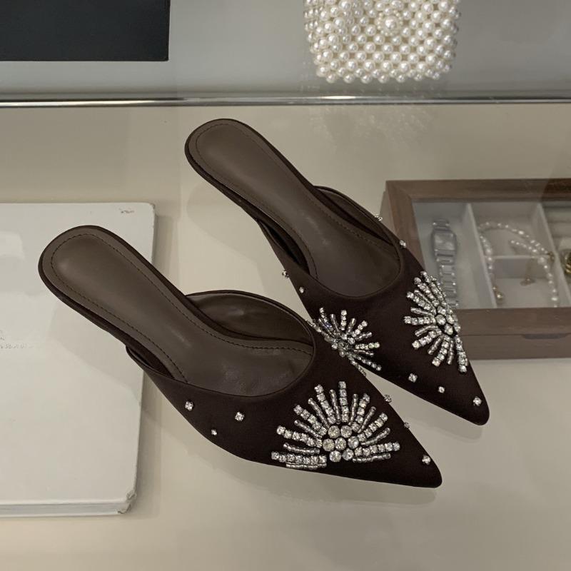 Fashion Crystal Heels Slippers Women Pointed Toe Shoes Elegant Heeled Sandals 2025 Summer Party Flip Flops New Luxury Ladies Shoes