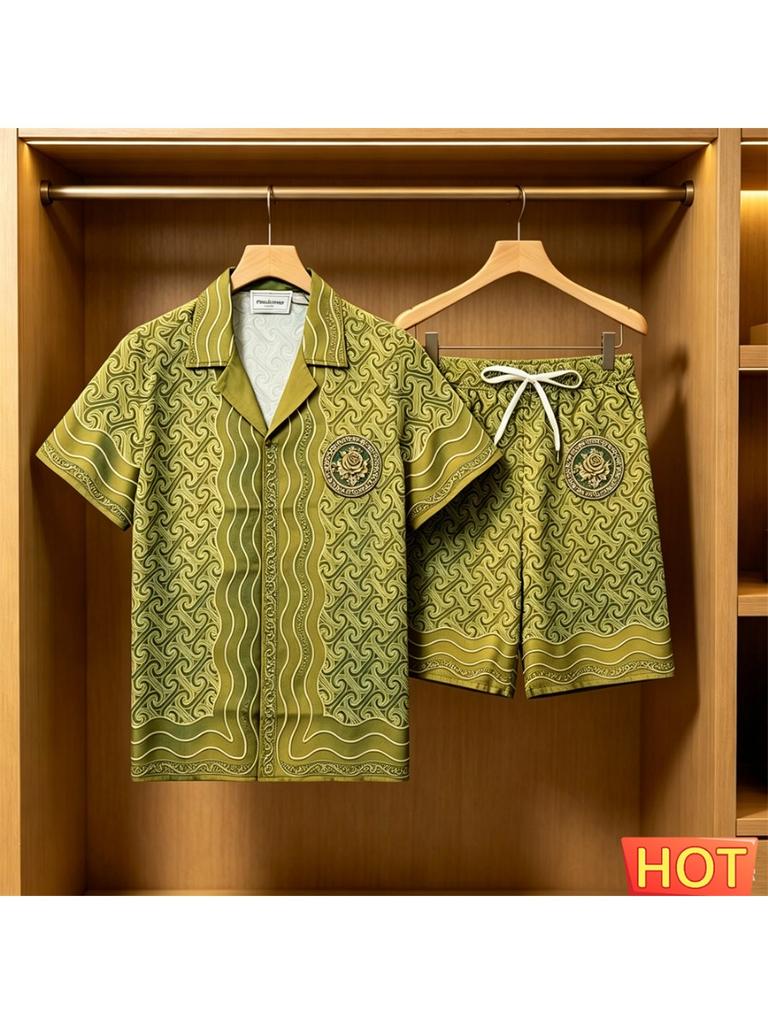 Gradient Pattern Shirt and Shorts Set Summer Men’s Hawaiian Vacation Shirt Set Breathable Men’s Casual Two-Piece Set