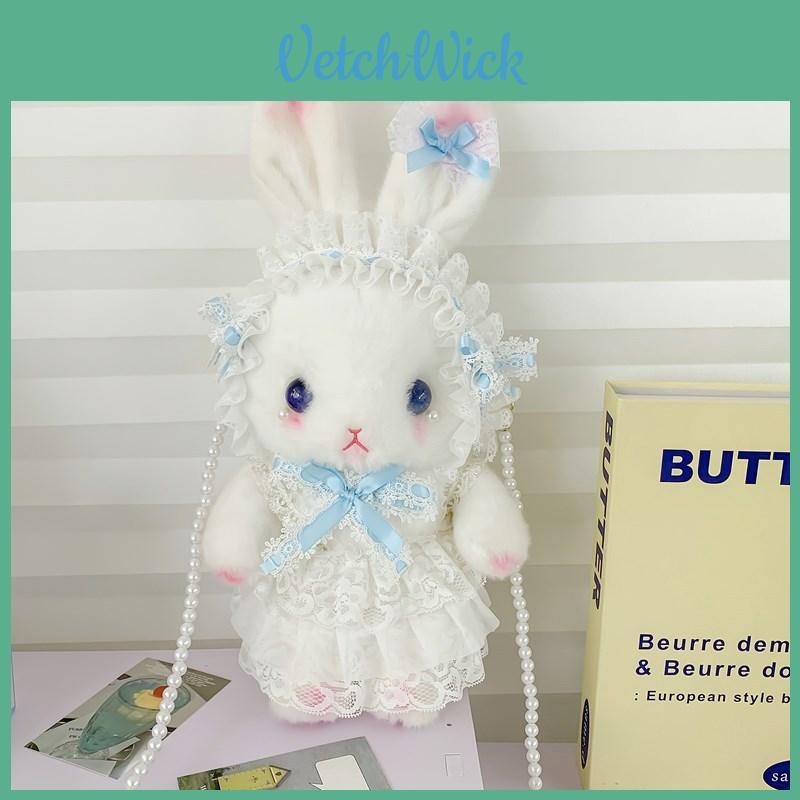 Plush Rabbit Lolita Shoulder Bag With Lace Bow Design And Faux Pearl Shoulder Strap For Daily Use