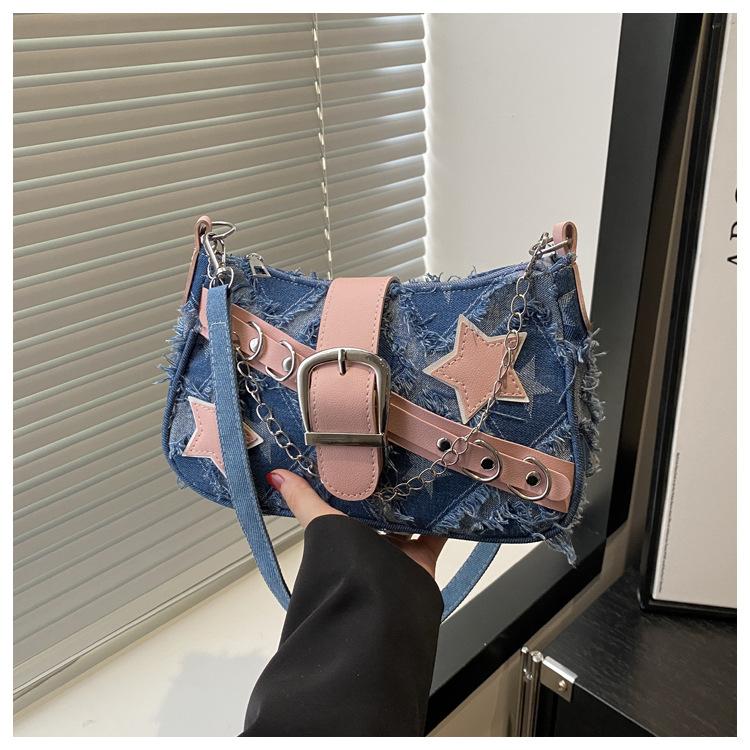 Fashion Cool Girls Denim Shoulder Crossbody Bags Vintage Chain Women's Underarm Bag Y2k Star Portable Female Hobos Handbags