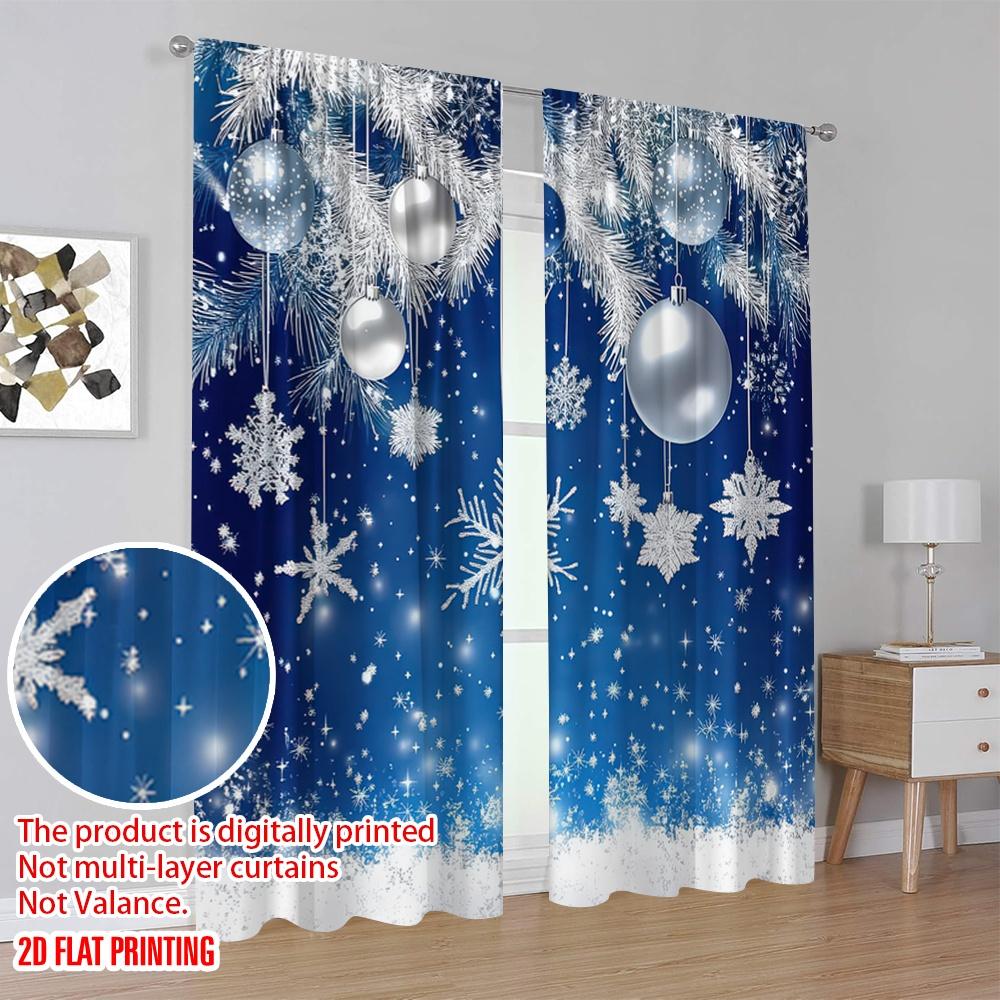 2D flat printing 2pcs Curtains blue Christmas (8) 100% Polyester Fabric Without Electricity Family Party for Indoor Celebrations