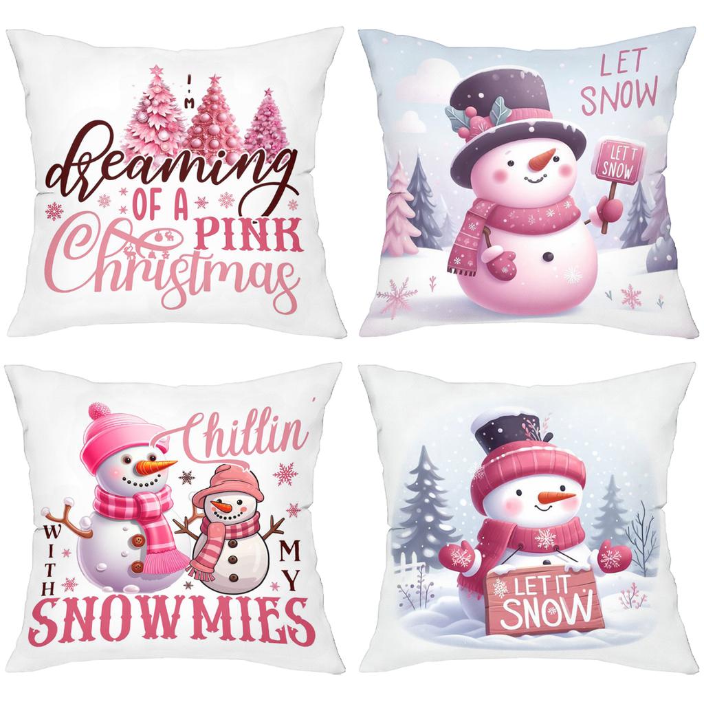 Pink Christmas Snowmen Pillows Let Snow Chill Snowmies Polyester Pillowcase, Sofa Decorative Cushion Cov Headboard Pillow