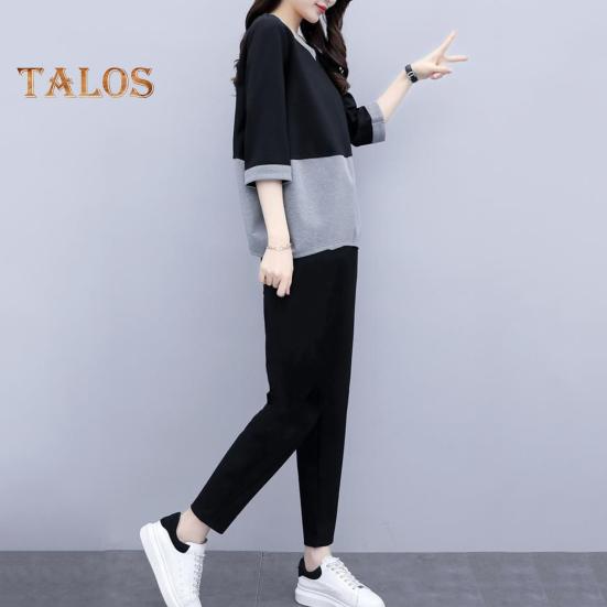 2 ks/sada Dámské tričko Kalhoty Set Sportovní oblečení Colorblock Top s kulatým výstřihem Poloviční rukáv Top Elastický pas Dlouhé Kalhoty Běžné kalhoty Top na dojíždění