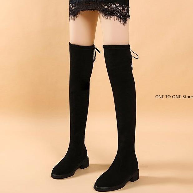 Rozciągliwe długie buty ze sztucznego zamszu damskie buty za kolano w stylu Casual, czarny seksowny klub nocny buty na platformie dla kobiet jesień kobiety Bottes