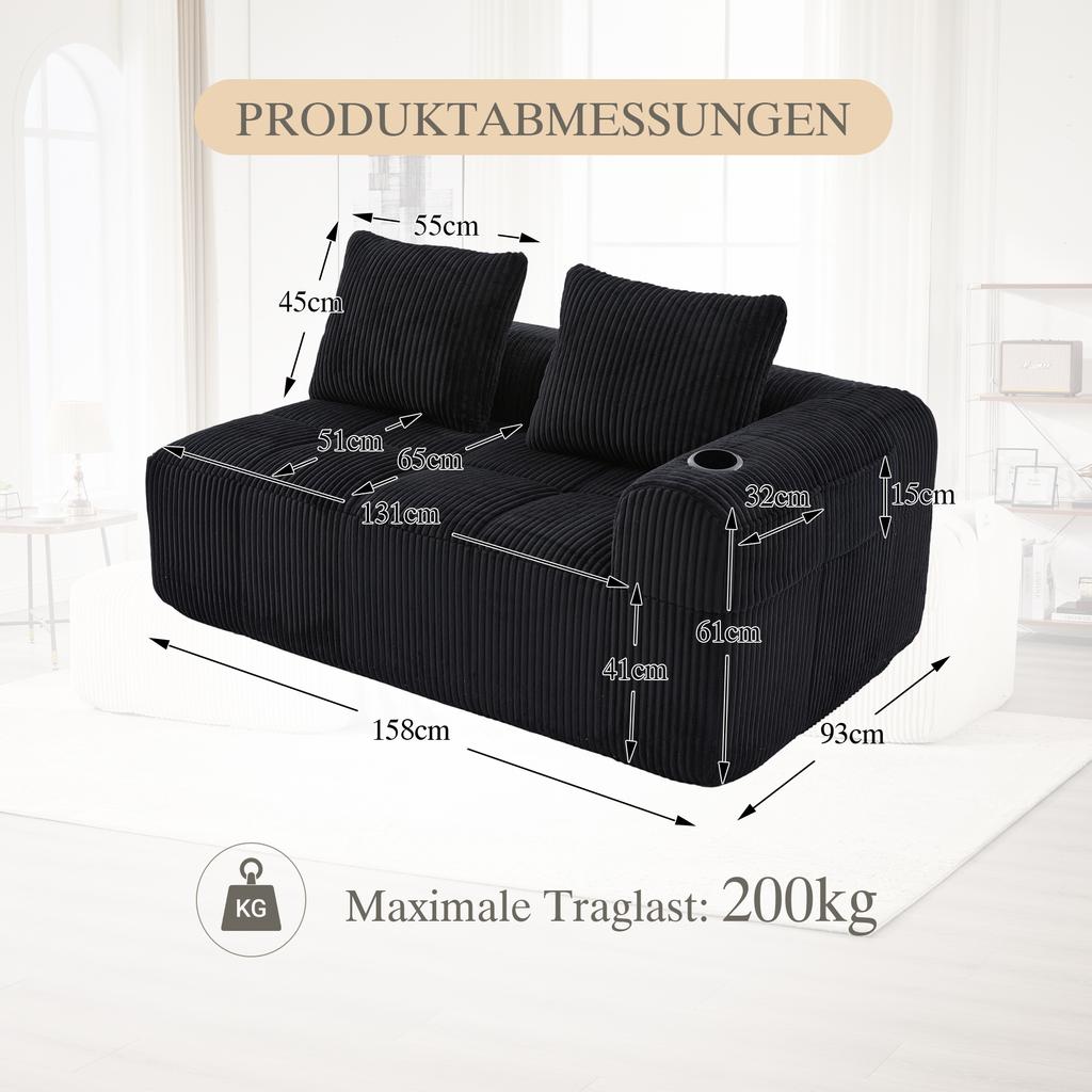 Cozy Corduroy Two-Seater Sofa – No Assembly, Soft Back Cushions, Side Storage Pocket for Remote Control and Phone, Cup Holder – Neat and Aesthetic.
