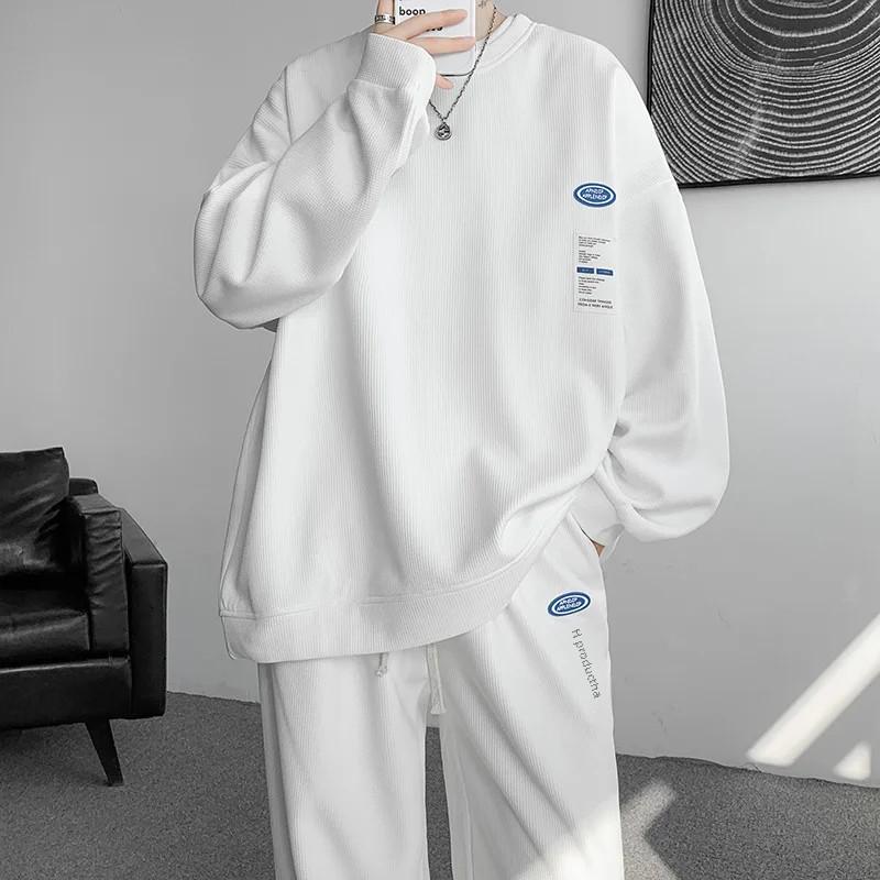 Men's Waffle Knit Sportswear: Street Style Sweatshirt & Straight Sweatpants Two-Piece Set for Spring & Autumn.