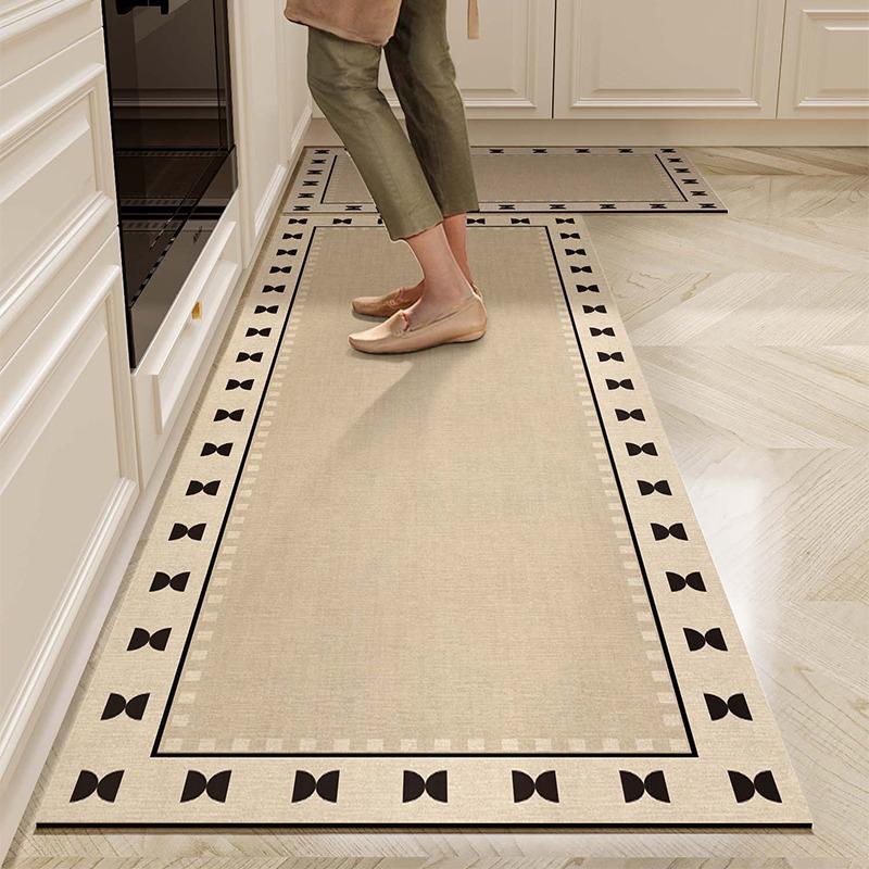 Wasserdichte Teppichbodenmatte für die Küche, Bodenmatte aus PVC-Leder, Lange Teppiche, Rutschfeste Fußmatten, Beige, Minimalistischer Stil, Heimdeko-Teppich