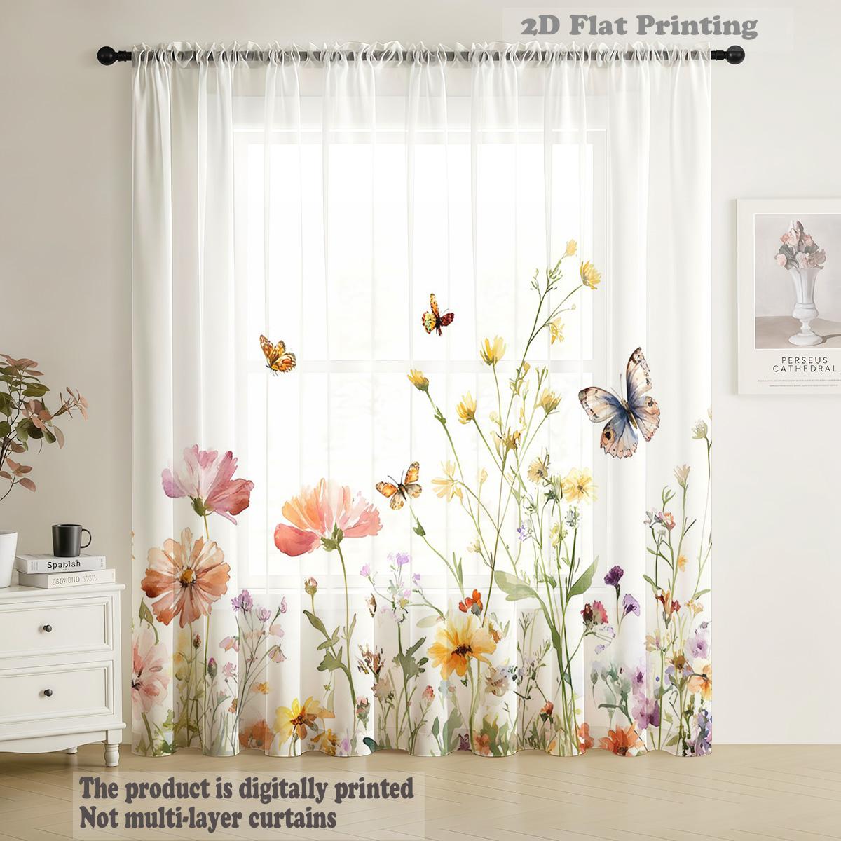 

Butterfly Theme One Piece Semi Transparent Window Screen Natural Lightweight French Country Style Garden Pole Curtain Made Of Polyester W100*H70(CM)-Hooks&1PCS