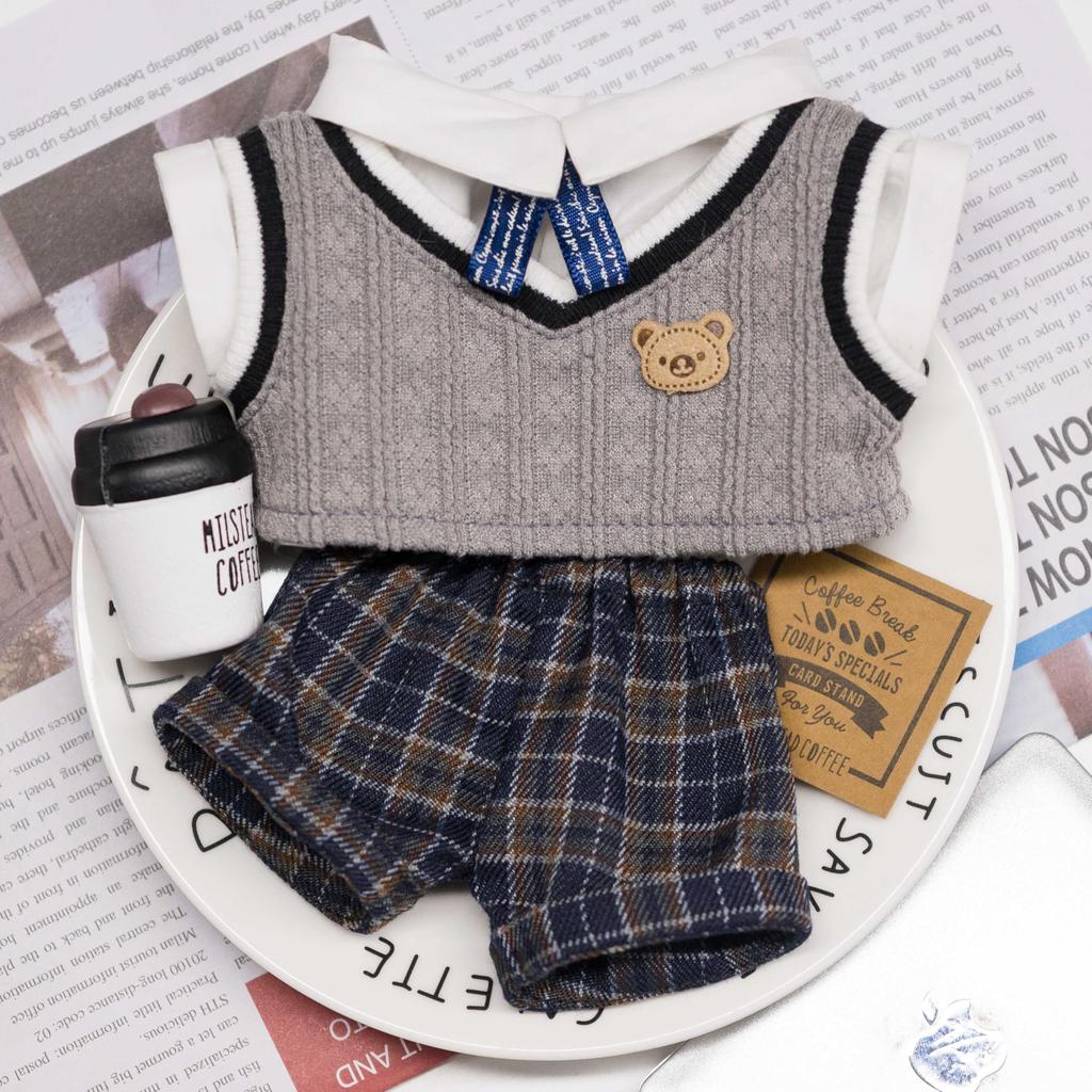 20cm Plush Doll Clothes, Handmade, Stuffed Doll Clothes, 4-Piece School-Style Plush Outfit Set: Vest, Shirt, Ribbon, and Pants (Gray, 20cm) [Used]