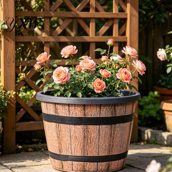 Large Plastic Flowerpot for Plants Rustic Barrel Style Plant Pots with Built-In Drainage Holes 8" Brown Plastic-Inspired Wood Finish Planter
