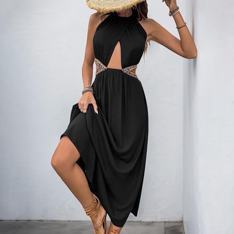 

2025 новое платье в стиле этно с полым узором, декоративной тесьмой и вставками для отдыха XL чёрный