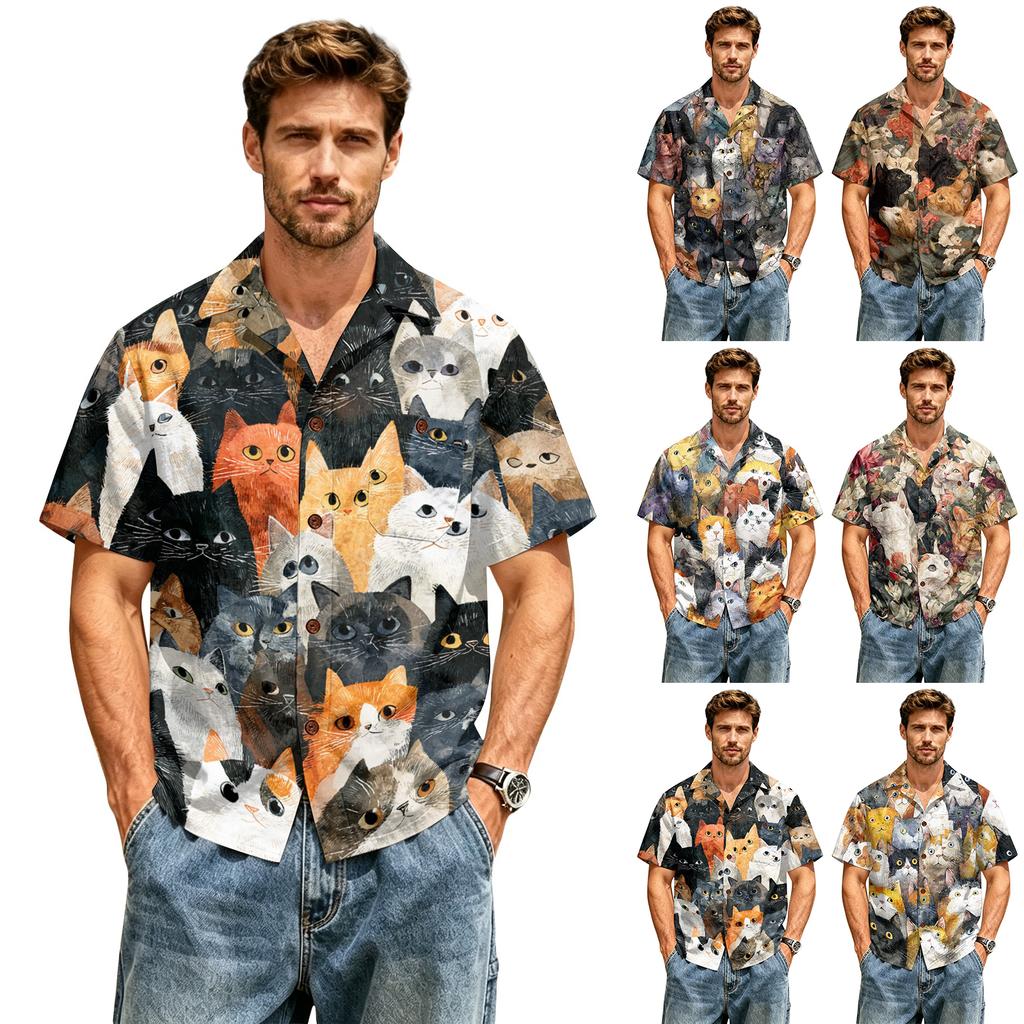 Herren Freizeit Hemd Kurzarm Leinen Baumwolle Mischung Button-Down Kragen Leichtes Sommer Top mit Katzenmuster Druck Entspannte Passform