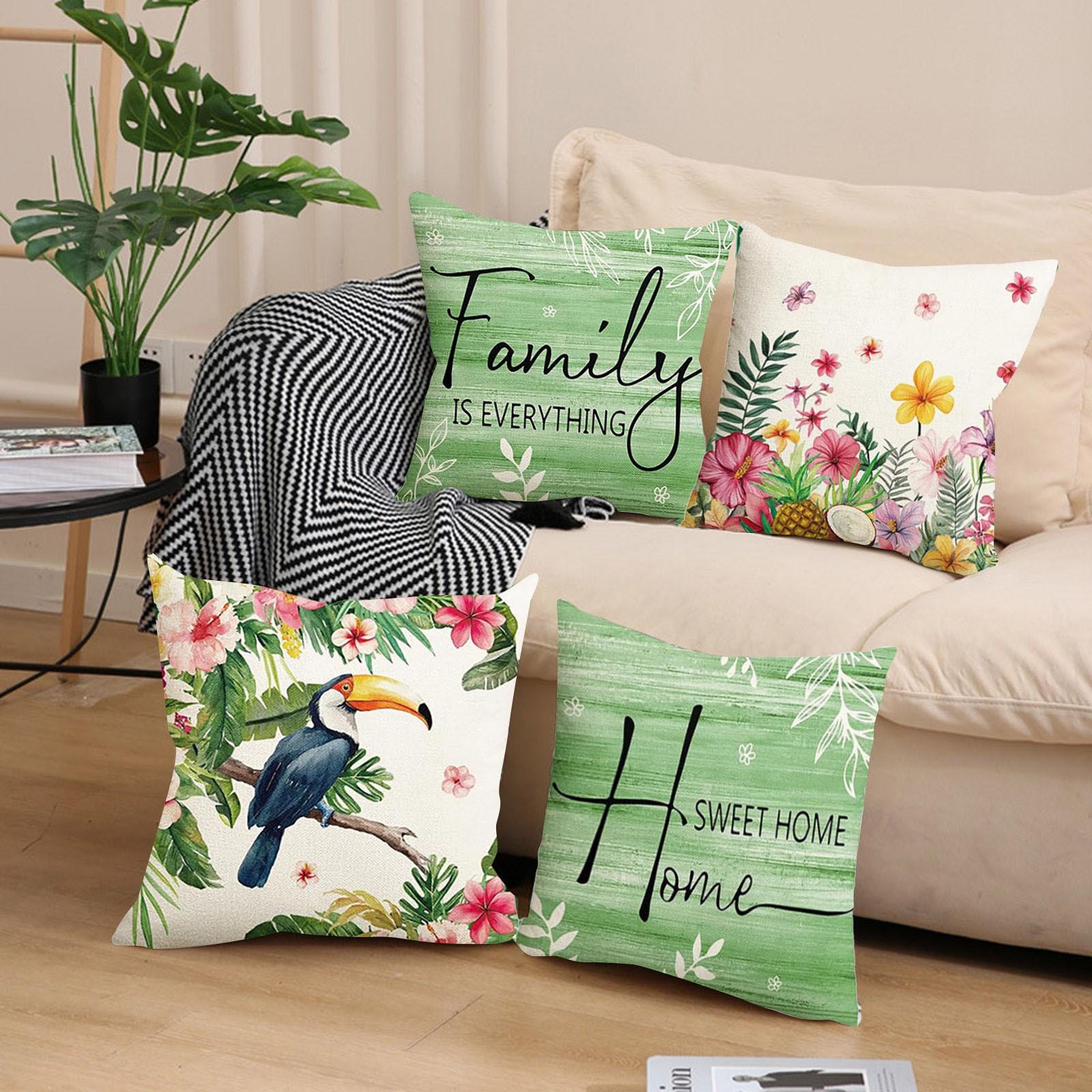 

4 Pcs 25x25cm Green Plants Printed Throw Pillow Covers Summer Home Decoration Square Sofa Pillowcase Holiday Seasonal Cushion