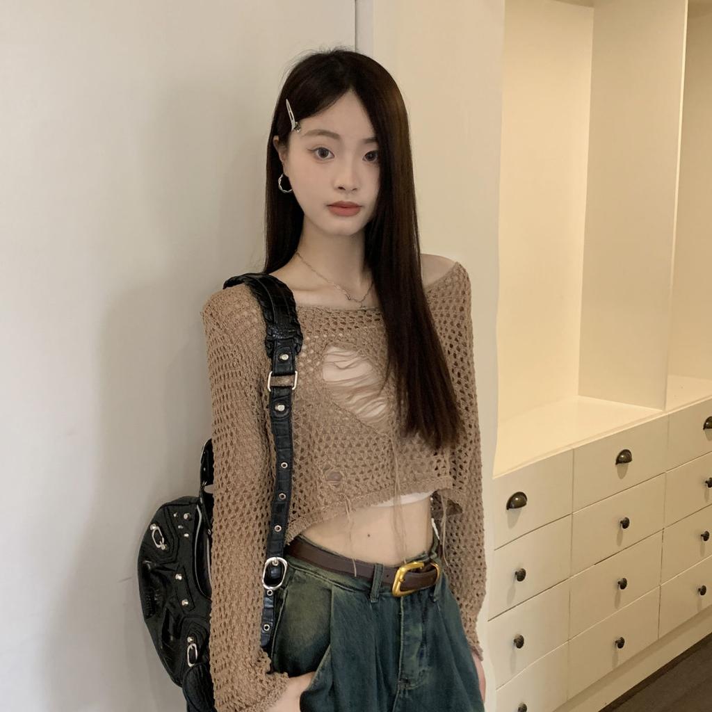 Vintage Hollow Out Crochet Knit Cardigan Thin Women's Autumn Outer Wear Long Sleeve Cover Up Ripped Ice Silk Short Top