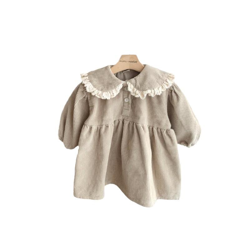 Girls' Korean Corduroy Princess Dress with Lace Lapel and Long Sleeves for Autumn/Winter