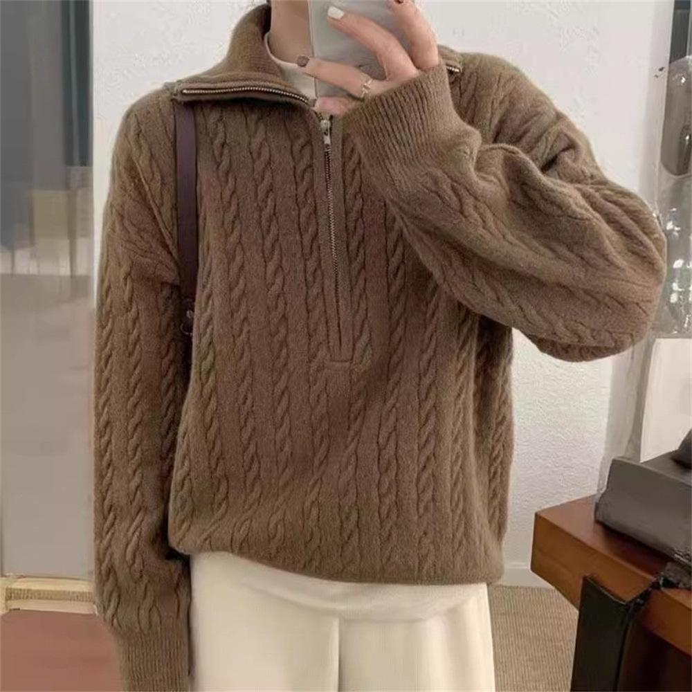 Korean solid color lapel neck twist sweater outer wear women's lazy style fashion casual autumn and winter French polo neck zipper shirt