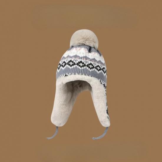 Women Knitted Bobble Hat Furry Inner Ear Flaps with Pompom Ball Winter Outdoor