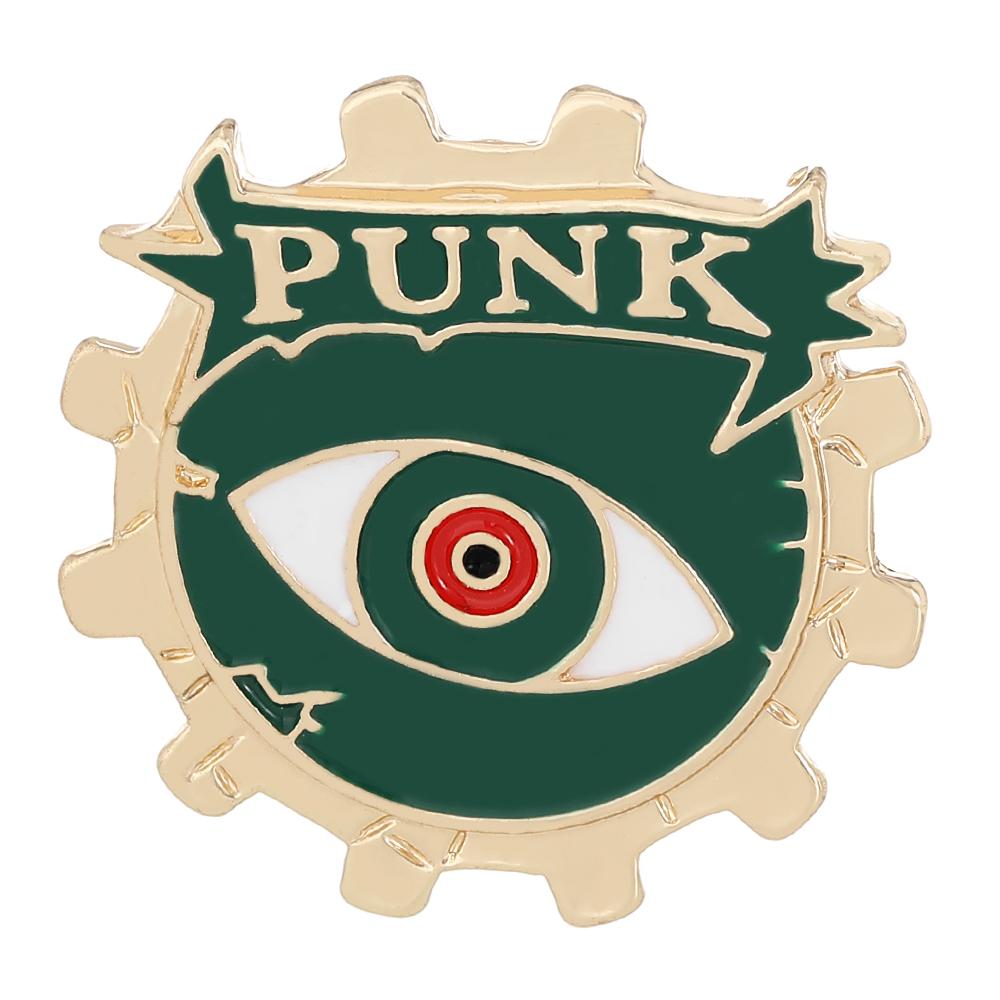 Funny Green Letter Punk In Eye Design Enamel Brooches Gear Shaped Golden Pins