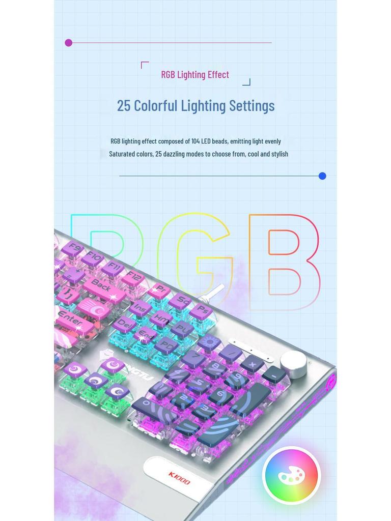 Langtu K1000 Mechanical Keyboard - Blue, Black, Brown, Red, Silver Switches, Esports Gaming for Girls, Office Wired, Custom Transparent Design