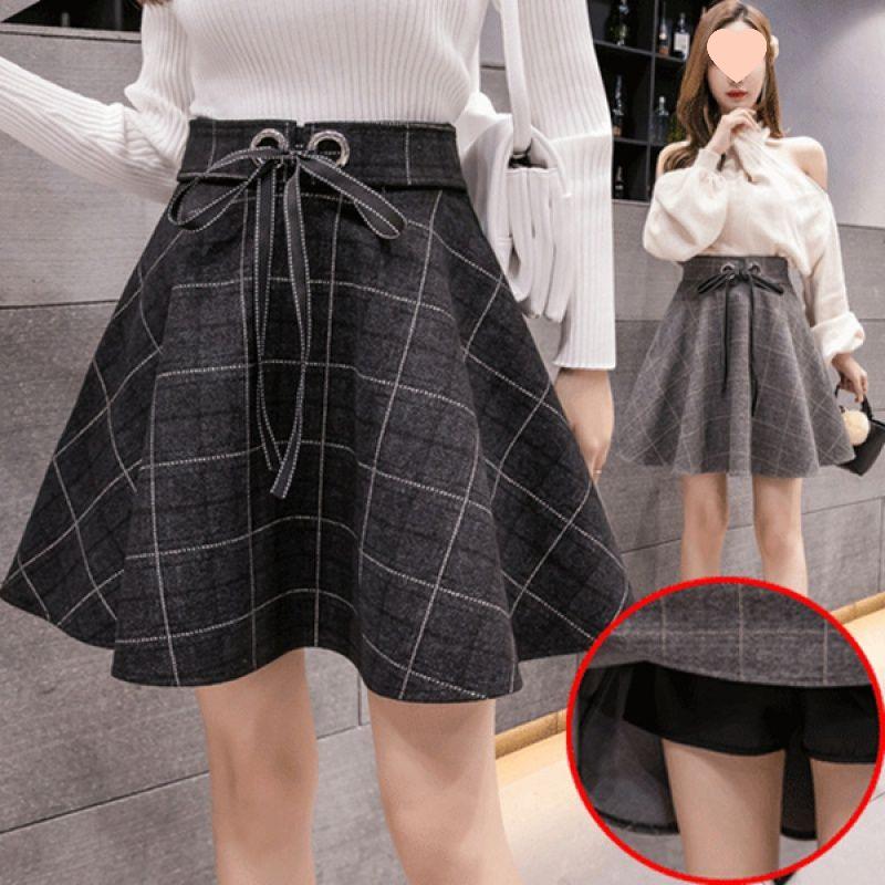 Fustă A-line cu talie înaltă din lână cu carouri pentru femei - Toamnă/Iarnă 2025 Stil coreean Fustă umbrelă