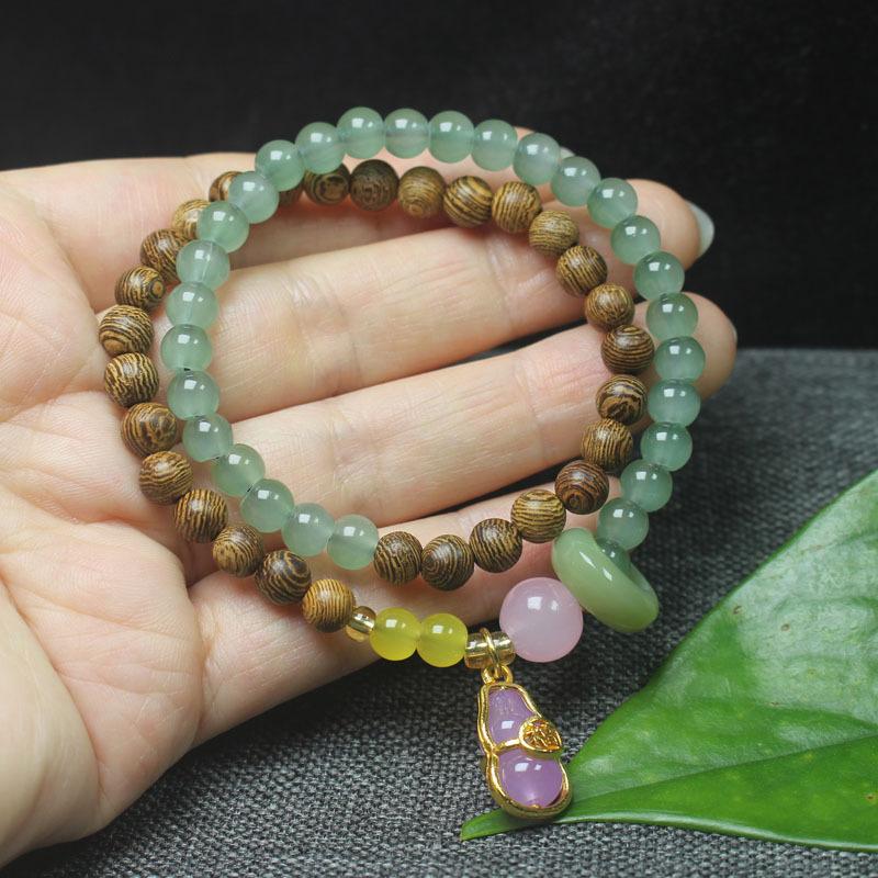 

Women Wooden Bead Bracelet 6mm Double Layer Chicken Wing Wood Gourd Charm Hand Ornament