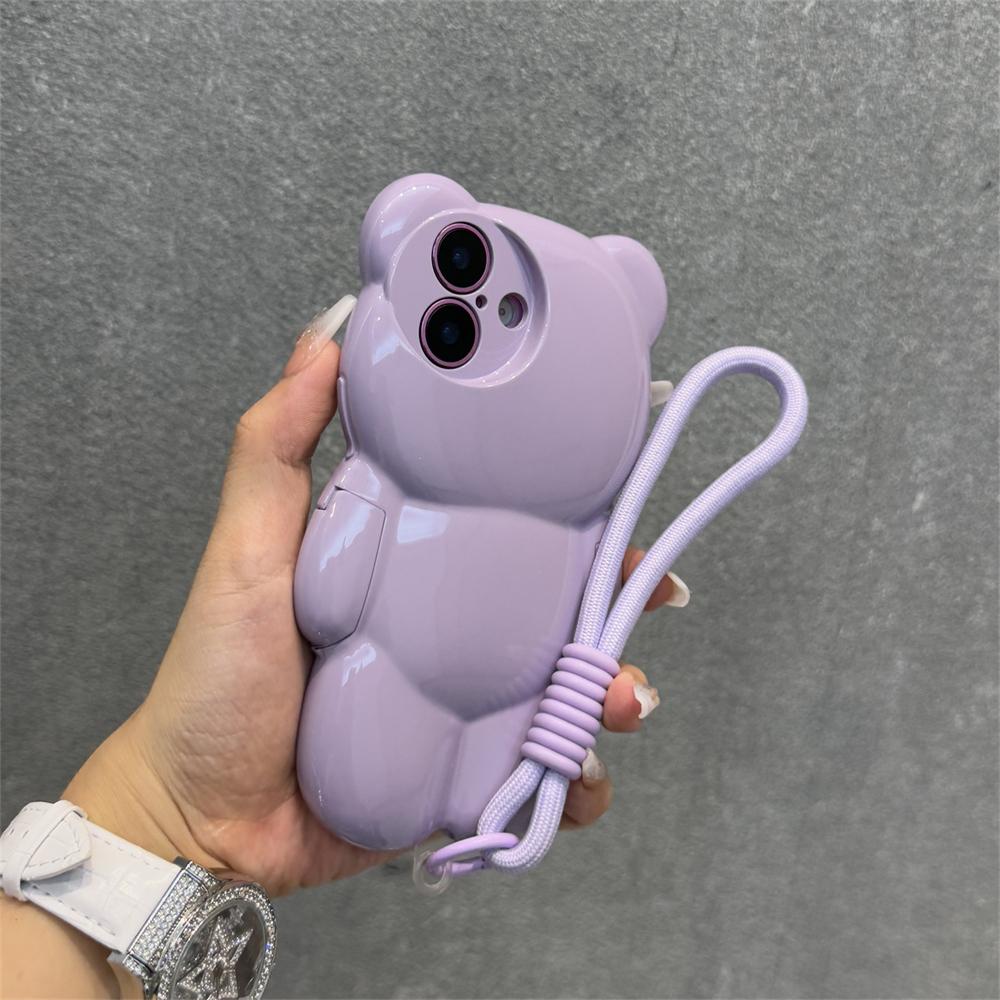 3D Cartoon Bear Wrist Chain Lanyard Phone Case for iPhone 16 15 14 13 12 11 Pro Max Plus Lovely Sweet Silicone Shockproof Cover