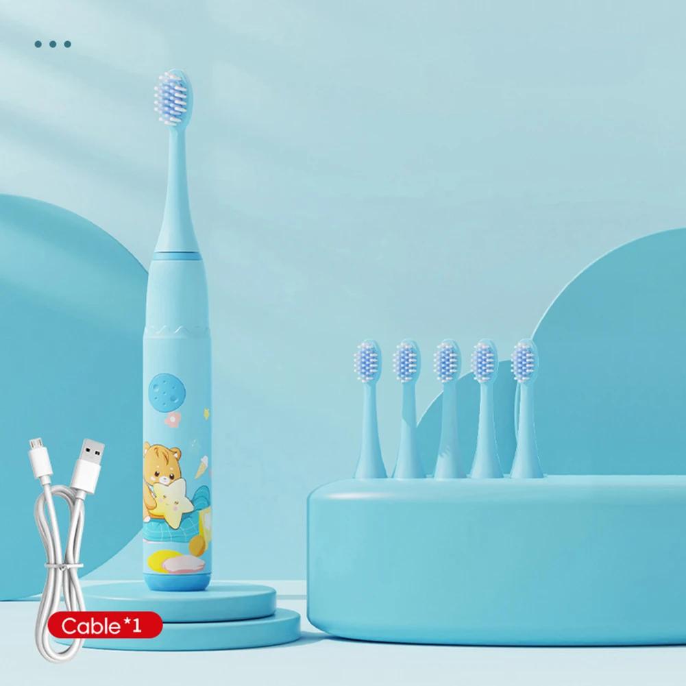 

Детская электрическая зубная щетка Мультяшная для детей со сменной головкой Ультразвуковая водонепроницаемая Перезаряжаемая звуковая зубная щетка синий