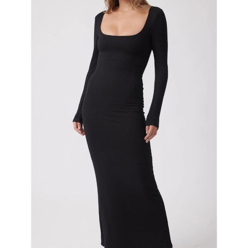 Foreign Trade Pure Yuan Single Tail Goods Exported To Australia Dej Women Slim Fit Slimming Knitted Sexy Square Collar Long Sleeve Dress