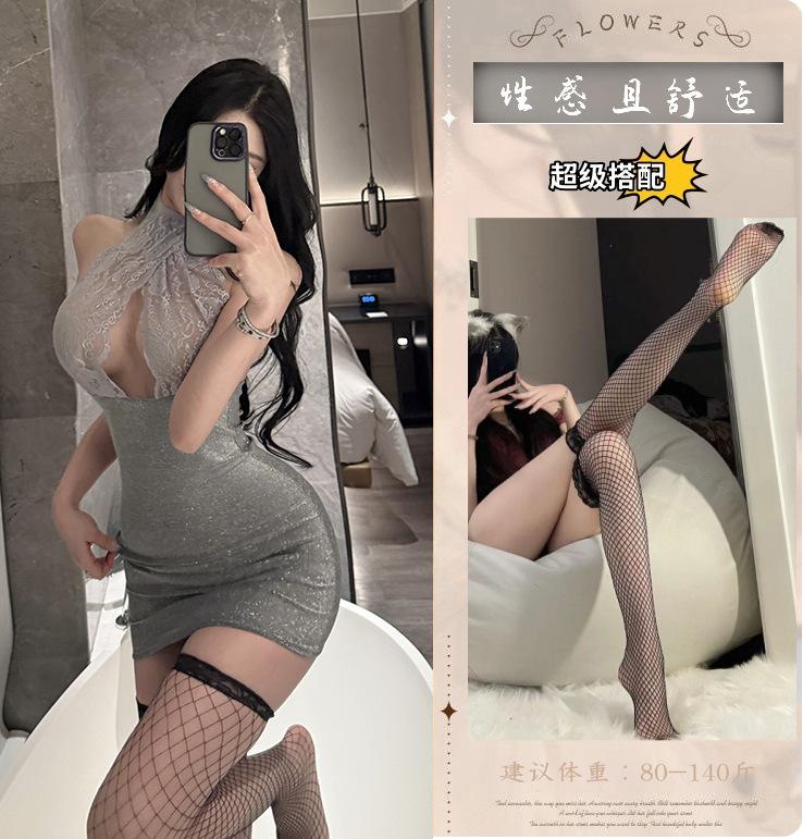 Sexy underwear, sexy silver silk, shiny women's hip skirt, uniform lace hanging neck to avoid temptation