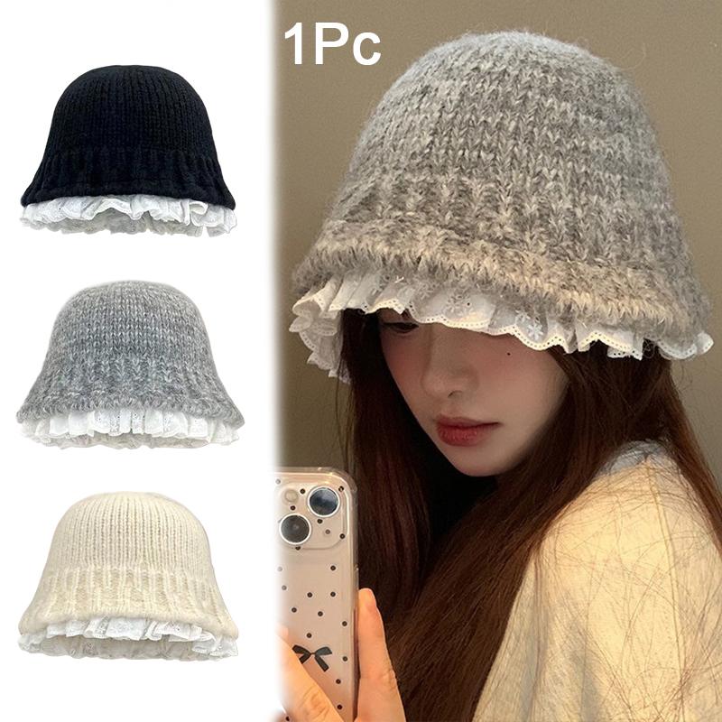 1PC Knitted Slimming Hat Oversized Fisherman Hat Fashionable Lace Elegant Trimmed Korean Bucket Warm 53-60cm