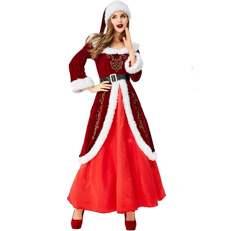 Adult Women Christmas Xmas Red Velvet Hat Dress Gown Set Halloween Role Play Dress Up Cosplay Costume