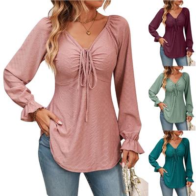 Herbst Damen V-Ausschnitt Pullover Top Kordelzug Taille Sexy Langarm Einfarbig T-Shirt