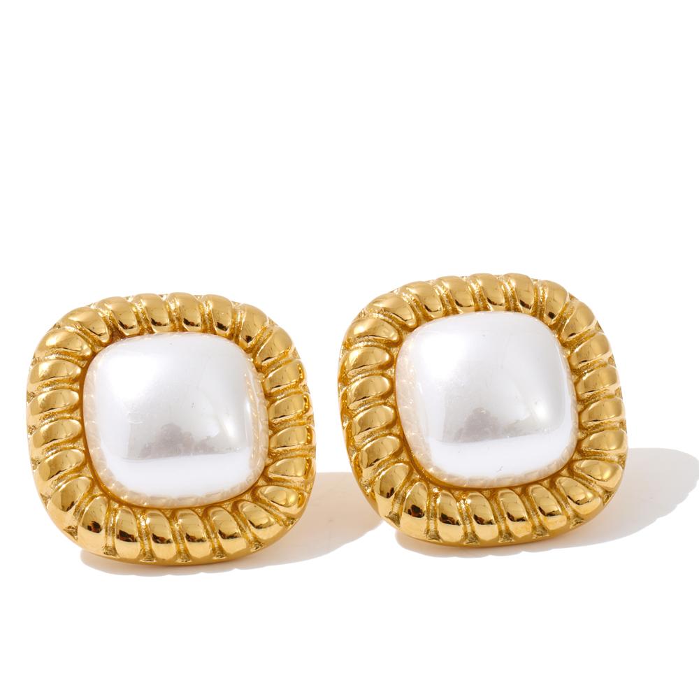 

Yhpup Simulated Pearls Square Stud Earrings Waterproof Korean Daily Stainless Steel Chic Classic Fashion Jewelry for Women Gift